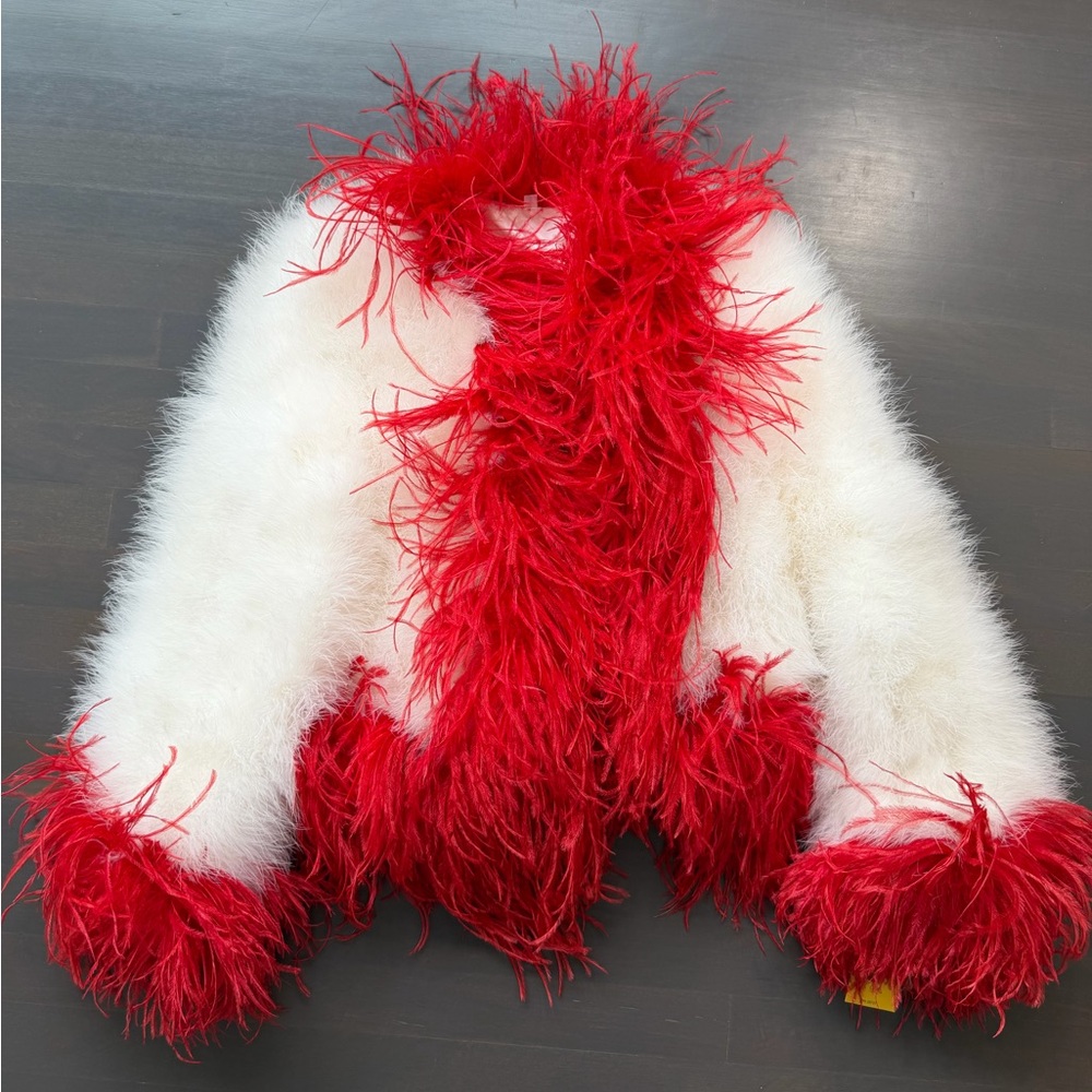 Custom one of a kind white marabou feather jacket with red ostrich feather trim